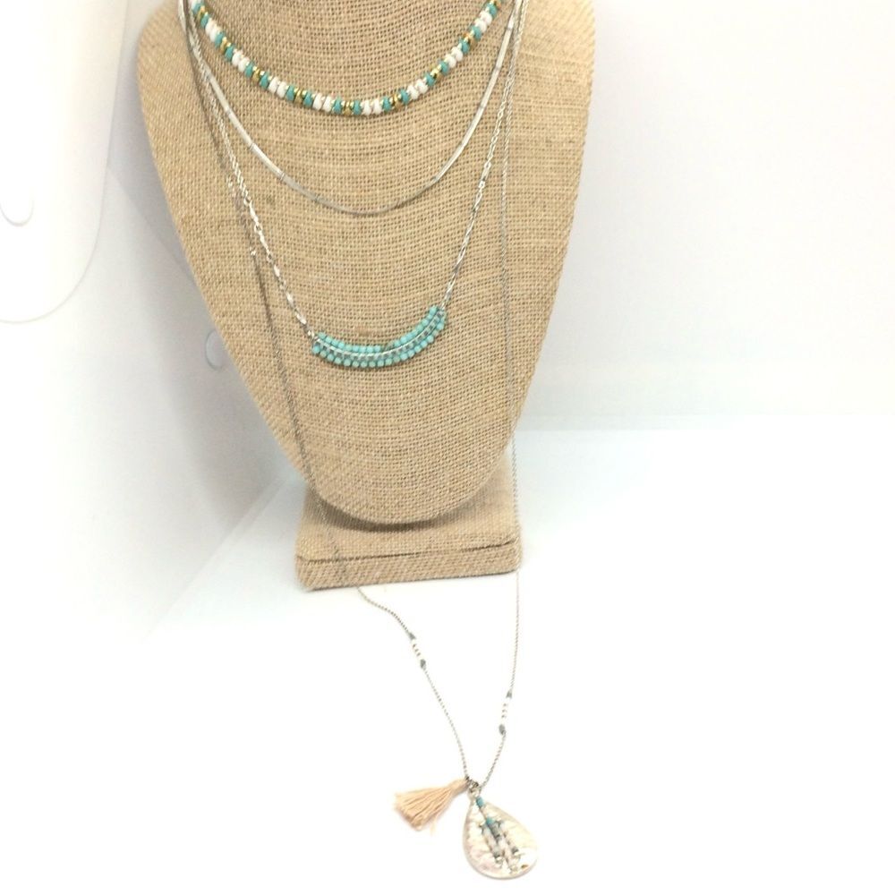 STELLA & DOT Necklace Silver Tone Multi Layer Chain Bead Turquoise Boho festival